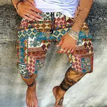Pantalones cortos de lino con cordón para hombre, Shorts de playa informales a la moda, Retro, algodón estampado de patrón, ropa de calle suelta, verano 2021