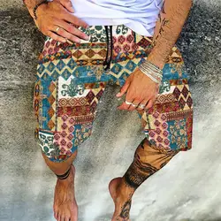 Short de plage en coton et lin pour hommes, streetwear, ample et décontracté, à la mode, avec cordon de serrage, motif rétro imprimé, été, 2021 