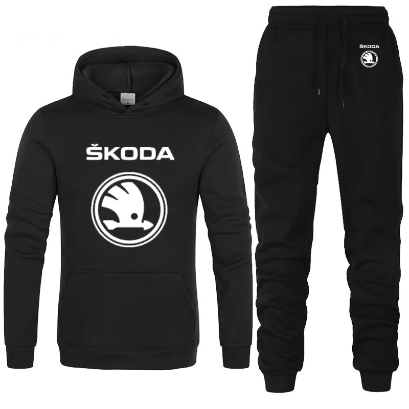 Hoodies Men Skoda Car Logo Printed unisex Sweatshirt Fashion Men Hoodie hip hop harajuku Casual Fleece Hoodies Pants Suit 2Pcs