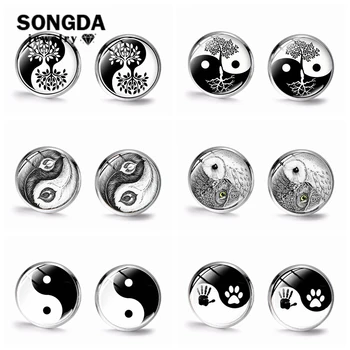 

SONGDA Black White Yin And Yang Earrings Ying Yang Tai Chi Art Photo Transparent Glass Dome Small Ear Stud Gift for Yoga Lovers