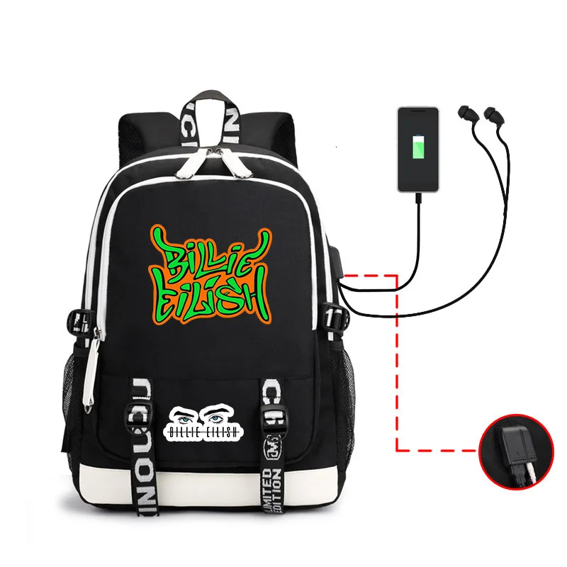 

2020 New Billie Eilish Pattern Usb Charge Backpack Outdoors Both Shoulders A Bag Than Between The Devil And The Deep Blue Sea