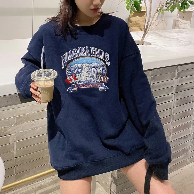 

UNUTH Women Sweatshirt Embroidery Loose Korean O Neck 2022 Spring Fashion Ladies Streetwear Pullover Female Sweatshirts Fleece