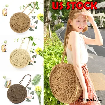 

New Women Straw Retro Bag Handwoven Round Rattan Handbags Knitted Crossbody Bag Tote Handbag Vintage Knitted Messenger Purse Hot
