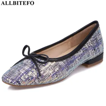 

ALLBITEFO comfortable low-heeled office high heel shoes nature genuine leather high heels Simple bow-knot decoration women heels