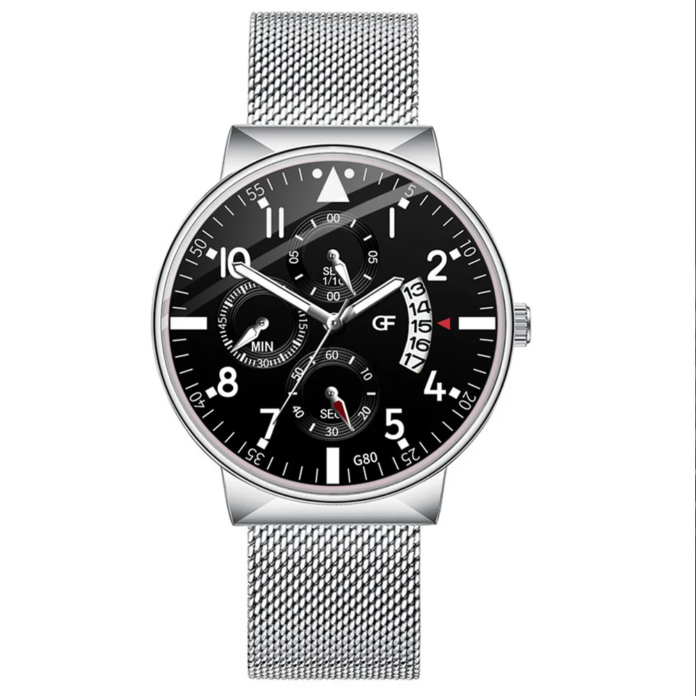 silver black Мужские модные повседневные часы с календарем, часы из нержавеющей стали с сетчатым ремешком, мужские деловые светящиеся кварцевые наручные часы - Цвет: silver black