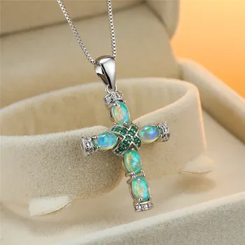 

Cute Female Green Opal Pendant Necklace Trendy Oval Cross Chain Necklaces For Women Boho Silver Color Weddings Necklace