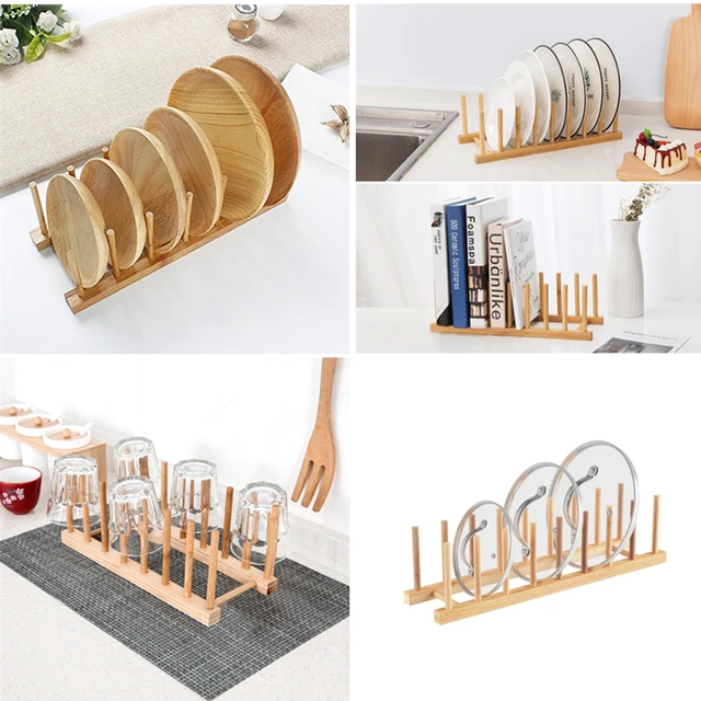 Plate Racks Stand Pot Lid Holder Bamboo Wooden Dish Racks Kitchen Cabinet  Organizer Dish Drying Rack for Bowl, Cup, Cutting Board Holder Dish Drainer  for Kitchen Counter Top 