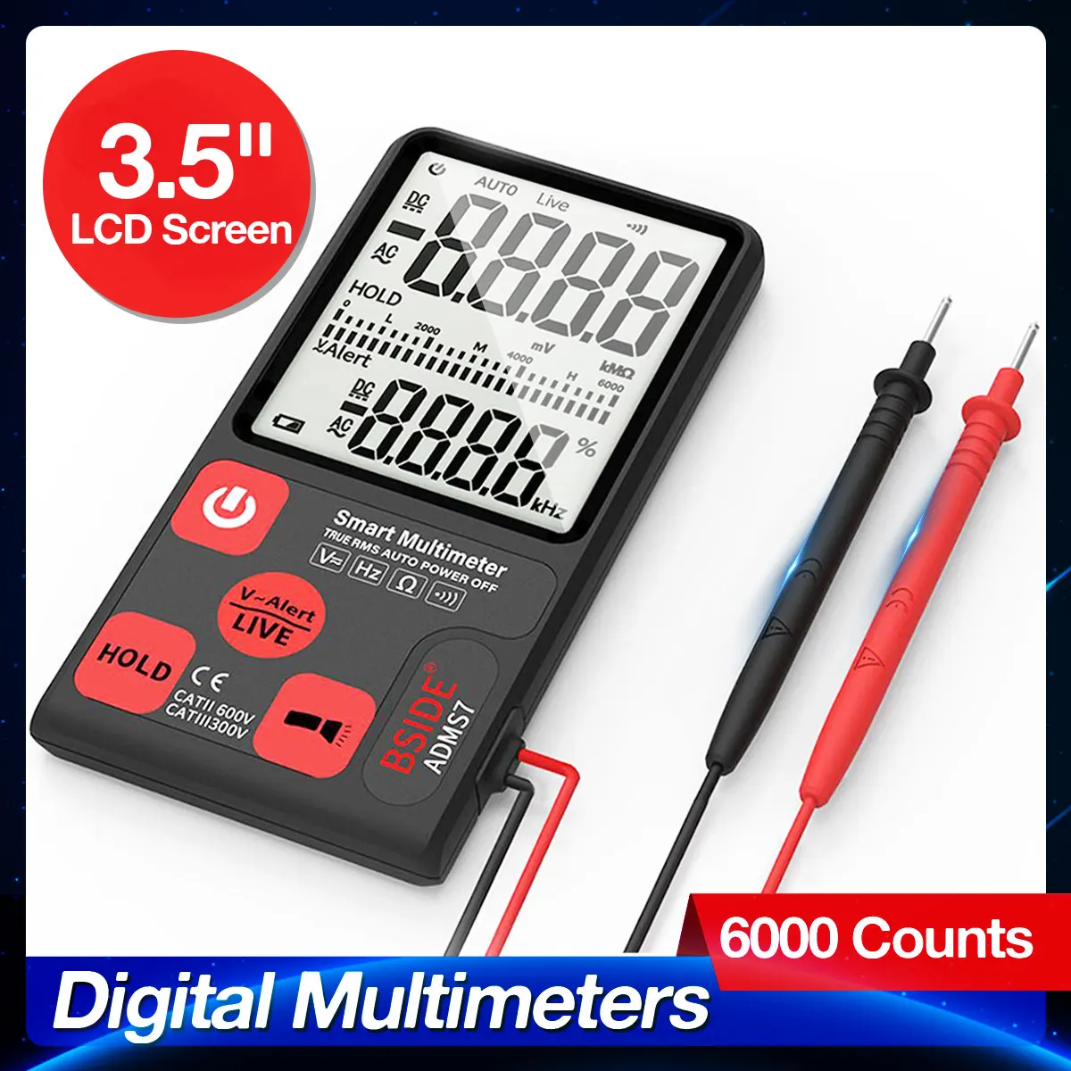 

Multimeter Test LCD Display Digital Multi-meter 6000 Counts Vibrant HD Display For Home/Lab Use Auto Ranging AC/DC Flash Light