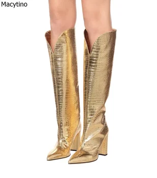 

Top Quality Leopard Winter Boots Fashion Sexy Chunky High Heels women's Pointed Toe Shoes Gold Woman knee-high Boots