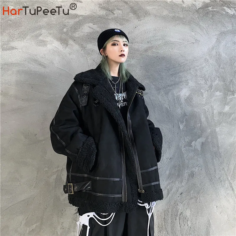 

Faux Fur Suede Black Jacket Women Oversize Harjuku Winter Warm CamoFleece Coat Thick Preppy Style Overcoat for Girls