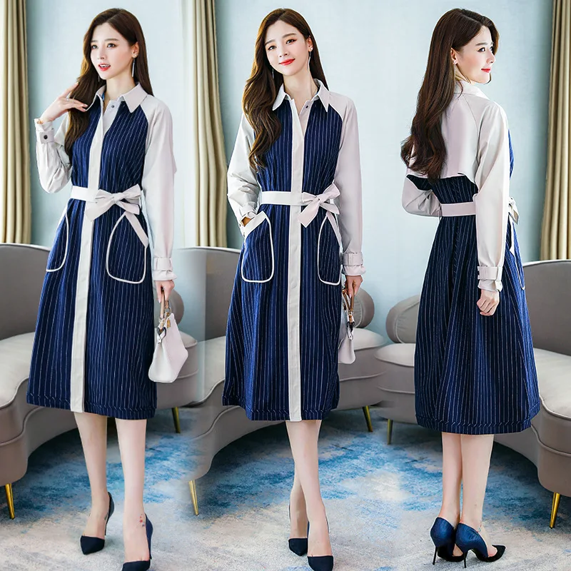 

Trench Coat Commuting Convention Mid-length Shirt Collar Stripes Joint Casual Versatile Fashion