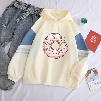 

Doughnut Print Hoodies Autumn Winter Fleece Fashion Contrast Color Patchwork Streetwear Long Sleeve Harajuku Pullover Splicing