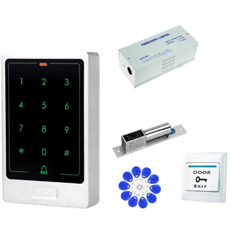 RFID Keypad Door Access Control System Kit Single Door Magnetic Electronic Door Lock Power Supply 5Pcs Key Fobs Full Set Door Se