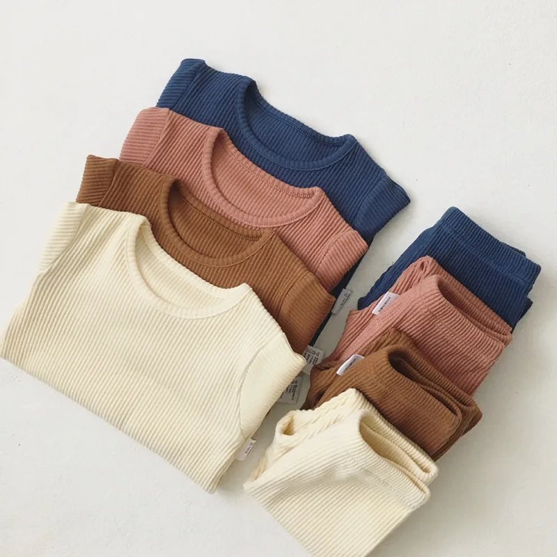 

2019 Toddler Hot Sale Children Clothes For Boys Girls Ribbed Set With Full Sleeve Kids Soft Autumn Winter Cloth Baby Pants 2 Pcs