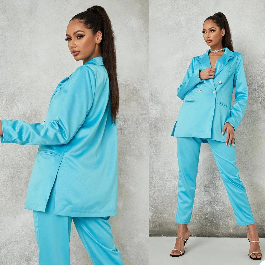 Blue Satin Silk Women Pants Suits 