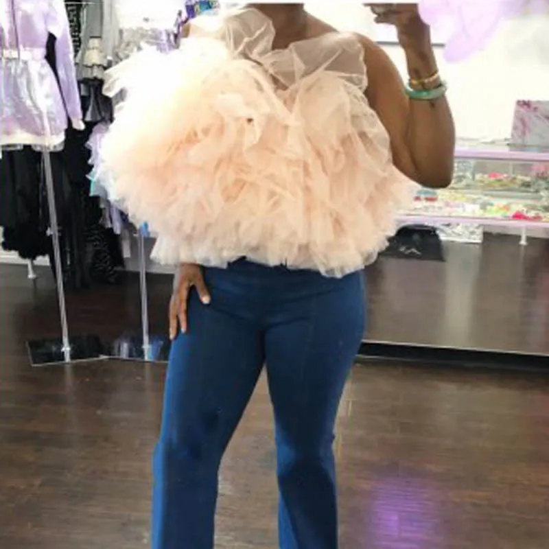 

Elegant Ivory Extra Puffy Tulle Blouse Shirts Women Sexy Open Back Custom Made Plus Size Formal Tutu Blouse Tops