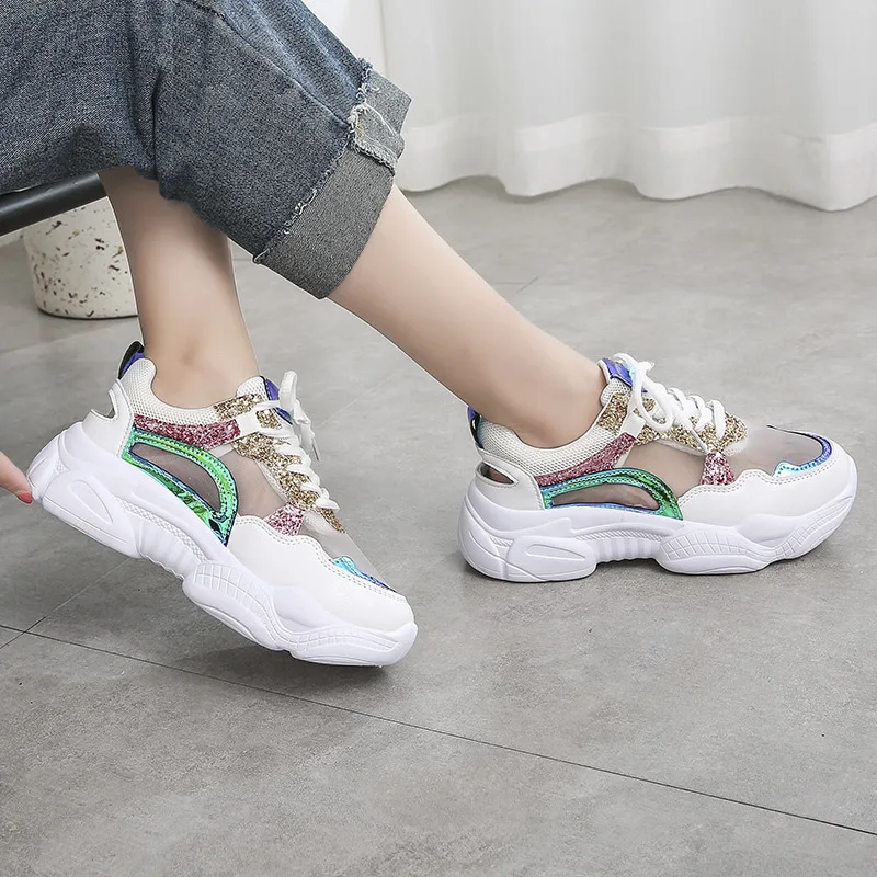 Woman Mesh Sandals 2020 Summer New Fashion Breathable Middle Heel Casual Sprots Blue Shoes Ladies Lace Up Pink Sneakers Women
