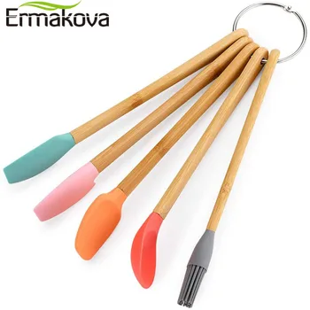 

ERMAKOVA 5 Pcs Mini Silicone Spatula Silicone Spoon Baking Brush with Healthy Oak Handle for Cooking and Baking Kitchenware Set