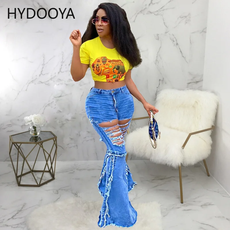 Women Jeans Mid Waist Ripped Elastic Sheath Full Length Denim Flare Pants Female Fashion Casual Washed Trousers Autumn 2021 New