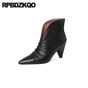 

block boots elegant autumn pointed toe vintage fall chunky slip on high heel booties red black luxury brand shoes women 2019