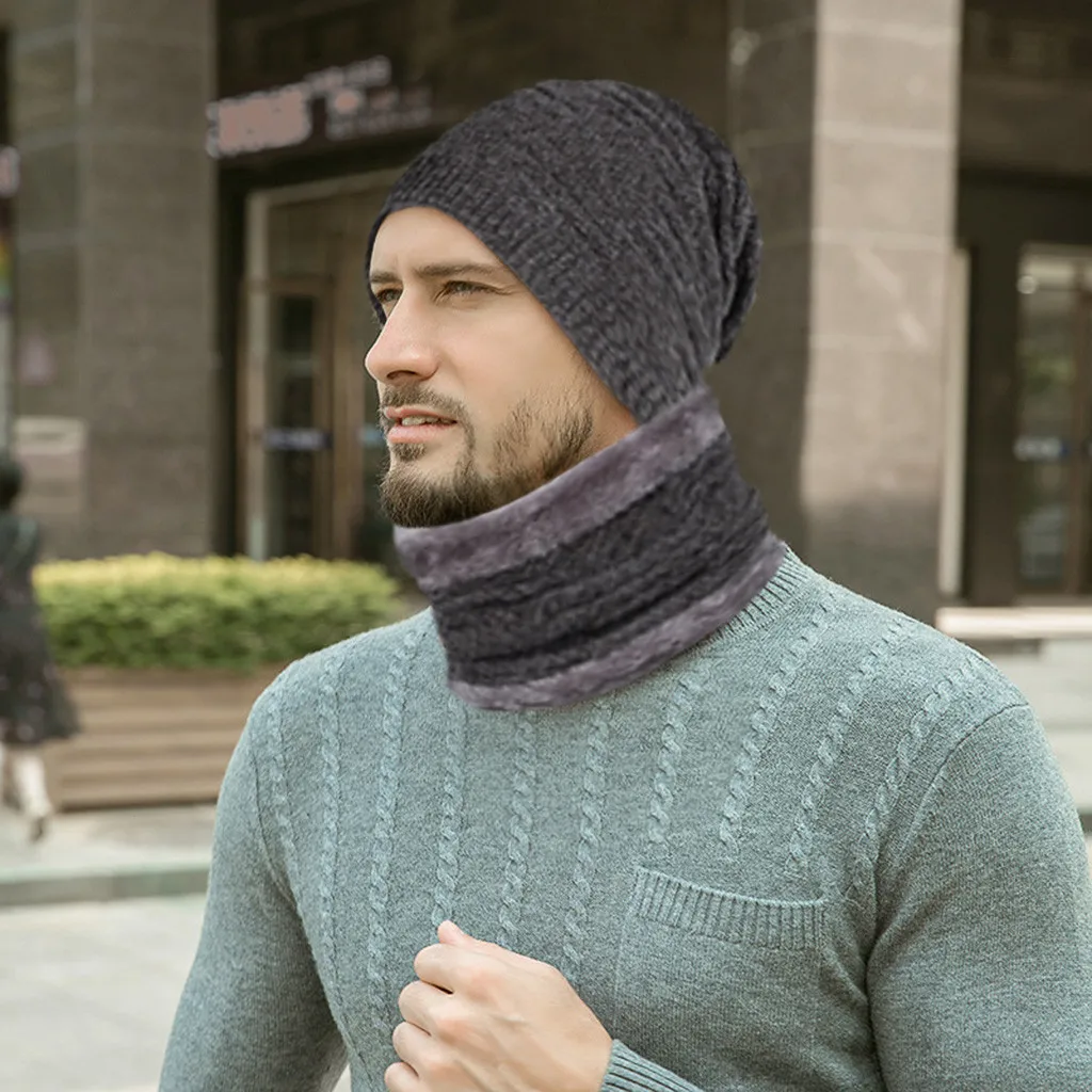 Beanies, зимняя шапка, мужская шапка, зимняя шапка, одноцветная шапка с воротником, набор, плюс бархат, толстая вязаная шапка и глушитель, шапка бини, Muts#2O21 - Цвет: Серый