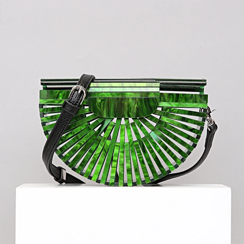 Green leather belt DOYUTIG Лето Горячая Распродажа Женская Ручная работа акриловая бамбуковая корзина женский клатч Модные полые праздничные пляжные сумки через плечо F687 - Цвет: Green leather belt