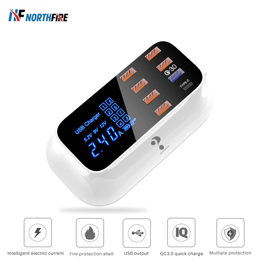 

6USB+1Type-c+1 QC3.0 digital display Quick charger for Iphone 7 8 EU US UK Plug Mobile Phone 2.4A Fast charger for Samsung s8 s9