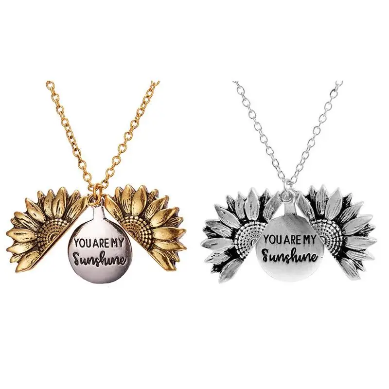 

New Women Gold Necklace Custom You are my sunshine Open Locket Sunflower Pendant Necklace Letters Clavicle Chain Jewelry Gifts