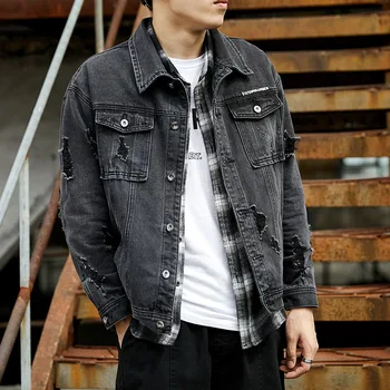 

New men's denim jacket Korean casual loose stretch denim men's black shirt