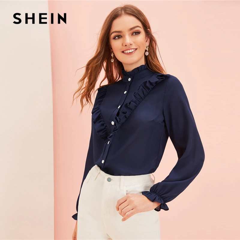 SHEIN темно-синяя Офисная Женская блузка с воротником-стойкой и рюшами, женские топы, осенний рукав-волан, однотонные элегантные блузки на пуговицах спереди