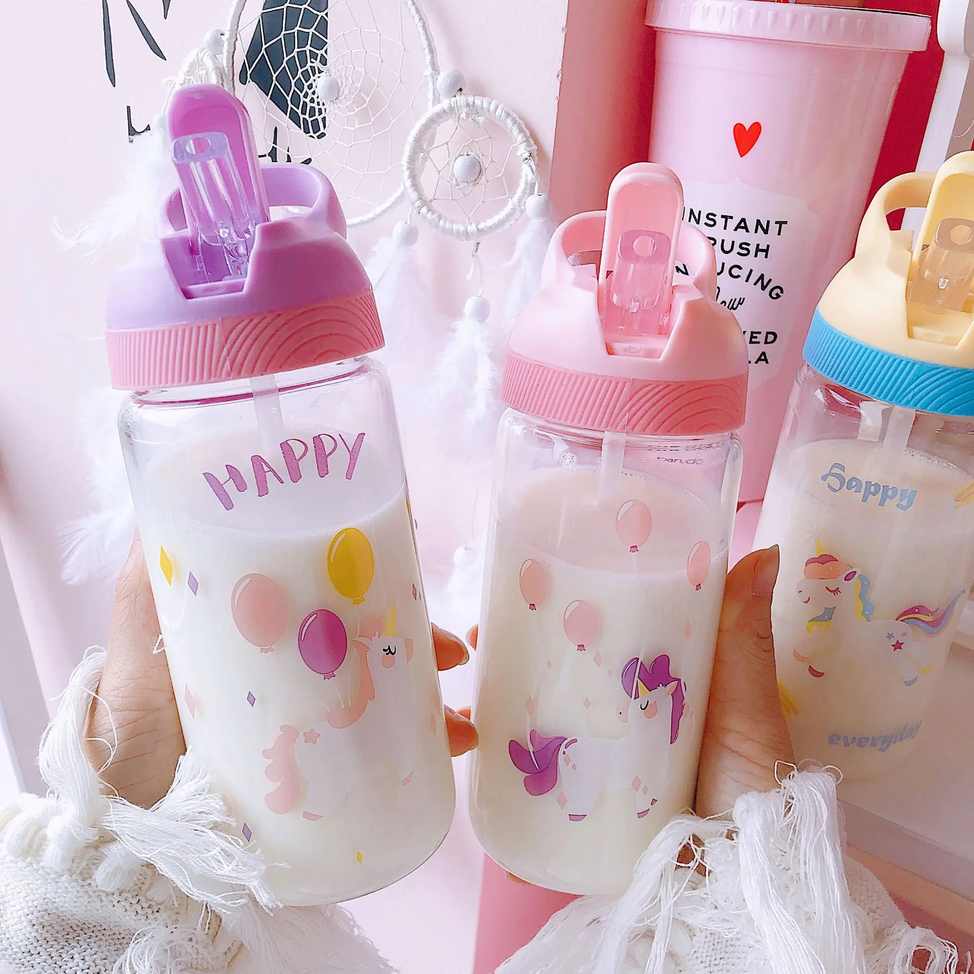 Unicorn Glass Water Bottle with Straw and Carrier Handle Lid Leak Proof for Girls Travel Drink Tea BPA Free Pink 500ml | Дом и сад