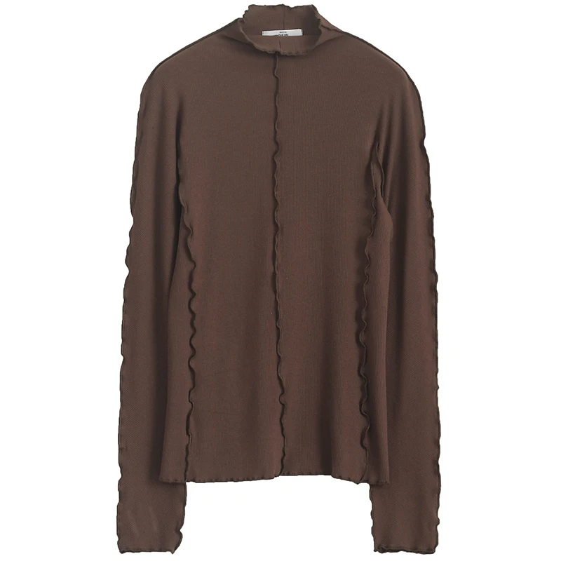 Deep coffee color Женская короткая футболка с оборками и разрезом, новая модная футболка с высоким воротником и длинным рукавом, весна-осень Y933 - Цвет: Deep coffee color