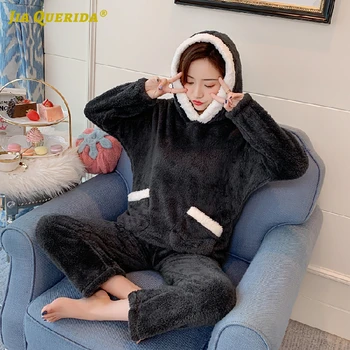 

Winter Autumn Front Pocket Long Sleeve Long Pants Sleepwear Fashion Style Casual Style Loungewear Woman Pajamas Set Pj Set