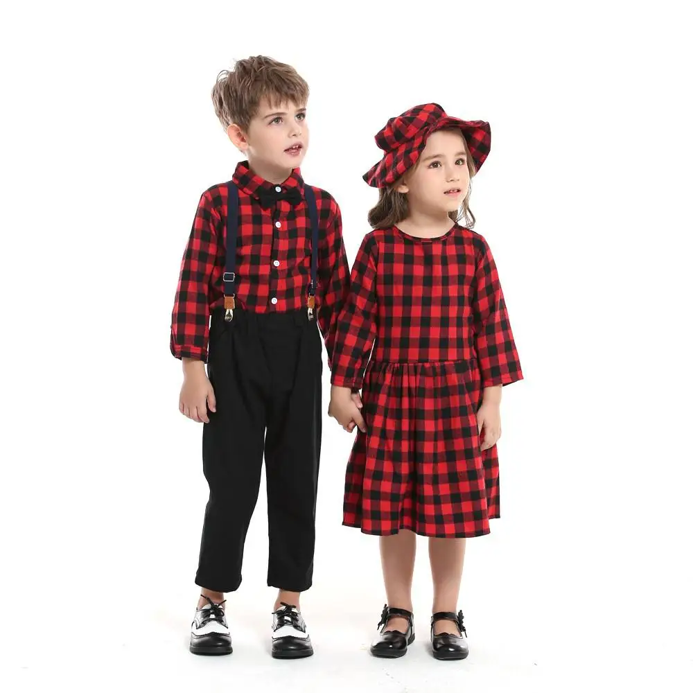 

Autumn Winter Brother and Sister Plaid Matching Outfits,Kids Boys Gentleman Clothes+Girls Casual Princess Outfits