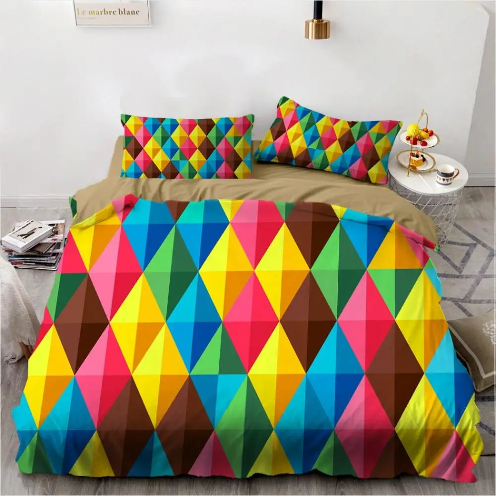 

Colorful Printed Bedding Set Geometry Square Bedclothes Duvet Covers with Pillowcases King Queen Size Home Textile No Sheet