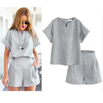 

Tracksuit For Women Cotton Linen Solid Color Loose Short-sleeved Plus Size Women's fat MM Shirt Shorts Casual Two Piece Set*