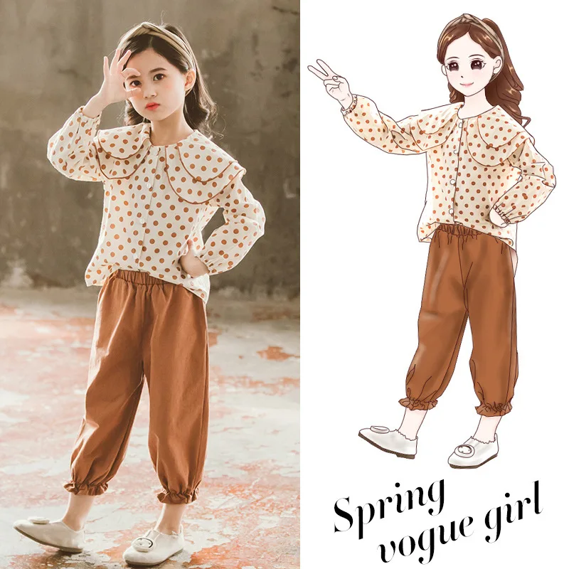

Girls Spring Clothing 2020 New Style Korean-style Western Style Big Kid Dotted Peter Pan Collar Capri Pants Set 1803c-8207