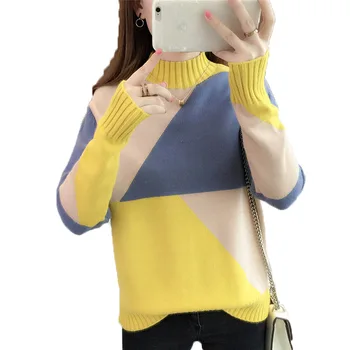

2019 Autumn New Style Korean-style Sweater Female Student Versatile Color Panel Sweater Pullover Loose-Fit Mock-Neck Base Shirt