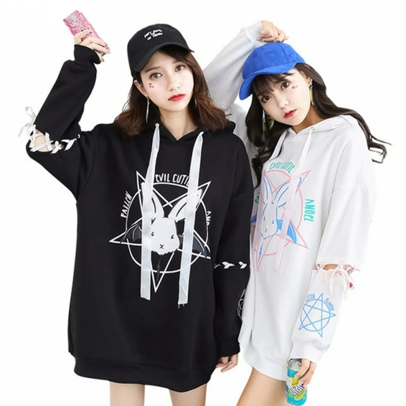  Harajuku Rabbit Pentacle Print Women Sweatshirt Kwaii Hoodie Causal Loose Long Sleeve Female Sweats