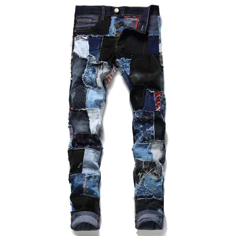 

2020 AUTUMN Winter Men's Patchwork Ripped Embroidered Stretch Jeans Trendy Holes Straight Denim Trouers