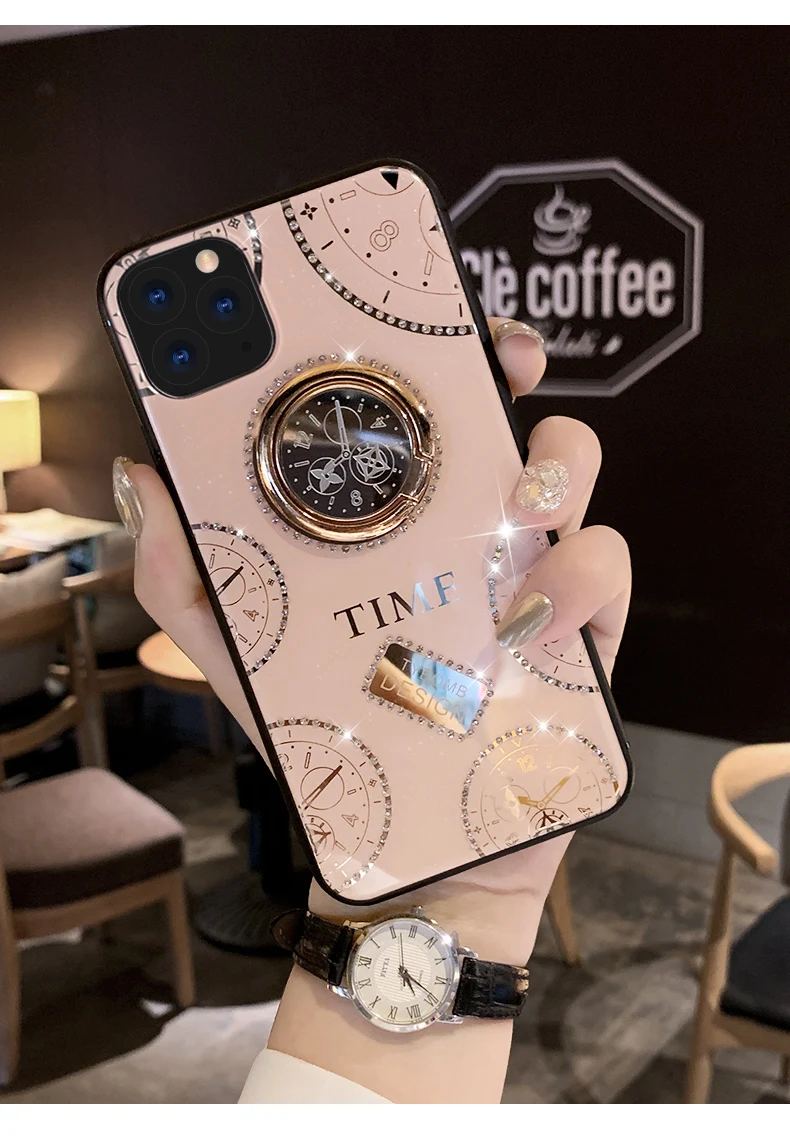 Для Apple iphone 11 чехол Роскошные Алмазные часы с кольцом Стенд защитный чехол на заднюю панель для iphone 11 Pro Max iphone 11 11Pro