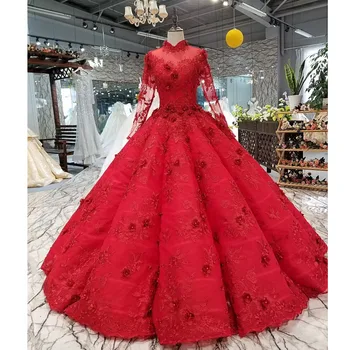 

BGW 22125ht Red Muslim Puffy Vintage Evening Dress Long Sleeves High Neck Floor Length Evening Party Dress Women Occasion Dress