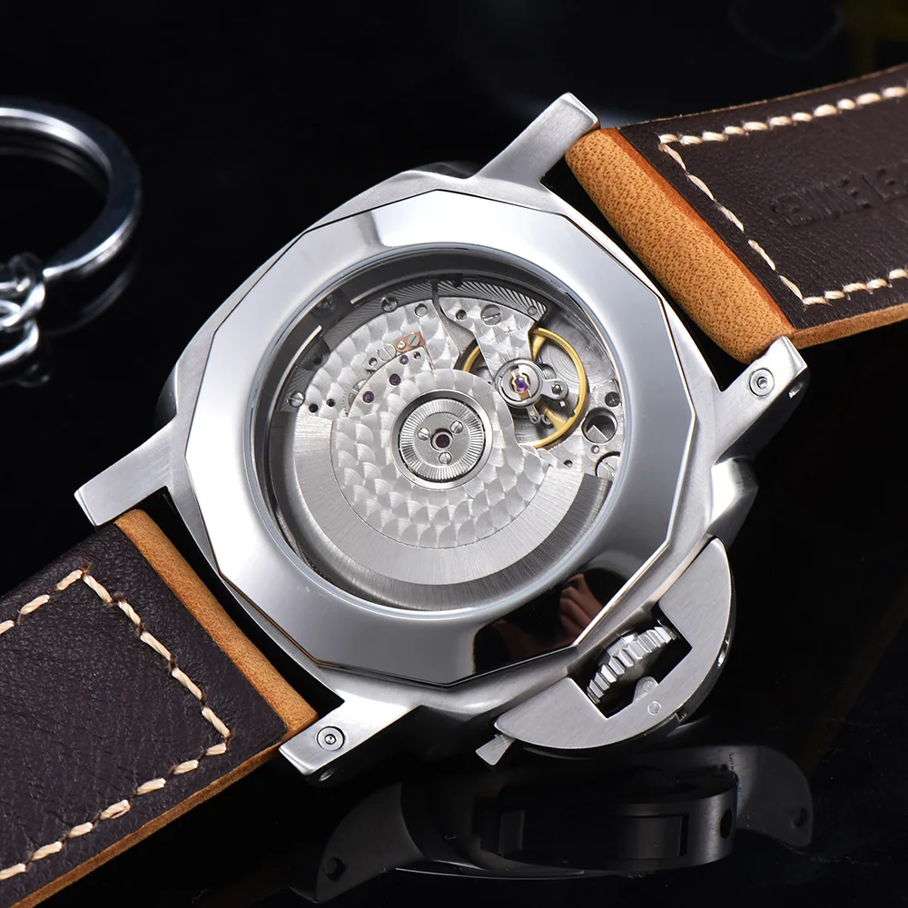 44 мм GMT часы parnis Мужские автоматические механические запас хода из нержавеющей стали светящиеся водонепроницаемые часы с кожаным ремешком P03