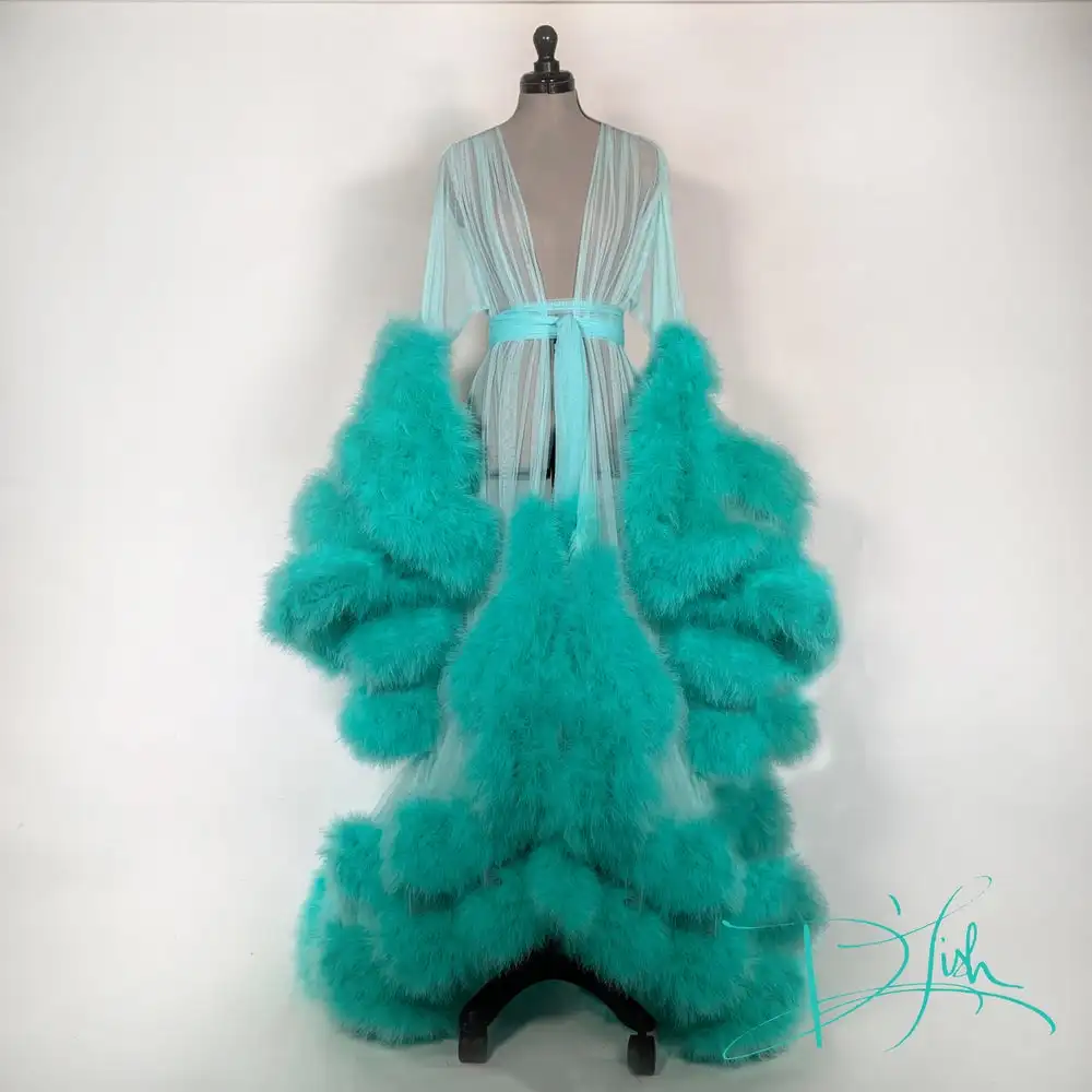 Ostrich Feather Bathrobe Sleepwear Bathrobe Boudoir Dress A Line Kimono Dressing Gown Babydoll Lingerie Bath Robes De Mari&eacute;e