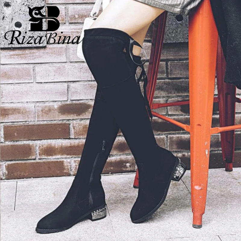 

RIZABINA Size 32-48 Women Over Knee Boots Fashion Stretch Boot Zipper Lace Up Warm Fur Winter Shoes Women Daily Office Footwear