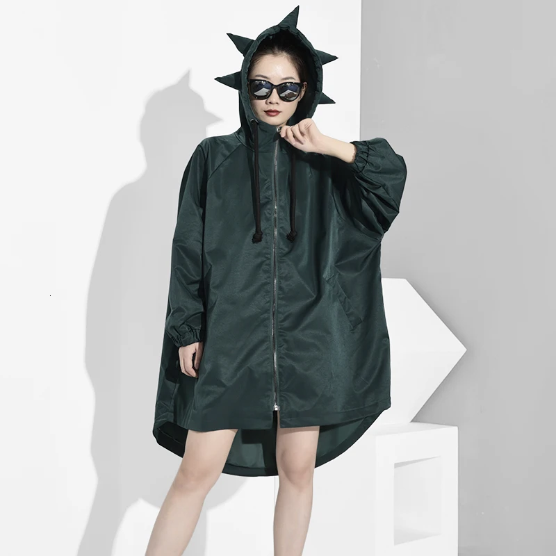[EAM] Women Drawstring Oversized Ribbon Trench New Hooded Long Sleeve Loose Fit Windbreaker Fashion Autumn Winter 1A8120
