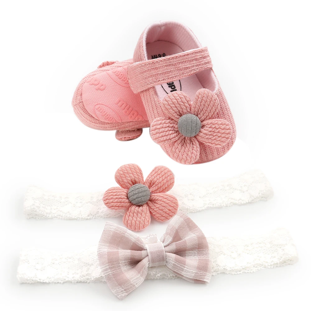 Spring 0-18M Baby Girl Baby Shoes+Bow+Floral Headband Set Big Flower Soft Sole Flats Infant Toddler