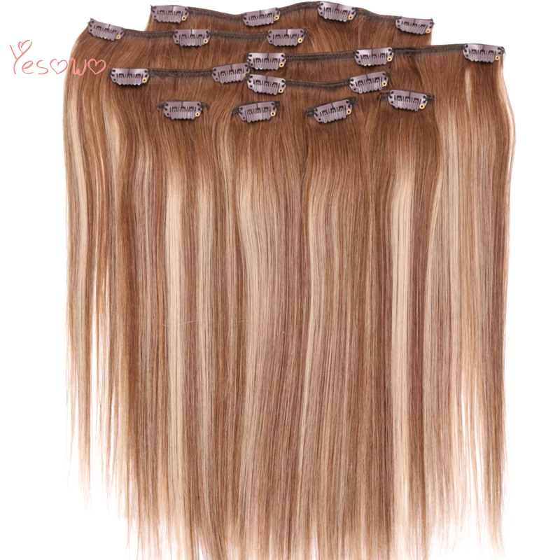 

Yesowo Peruvian Human Hair Extensions With Clips Straight Full Head 4/27/4# Remy Hair Clip In Extensions