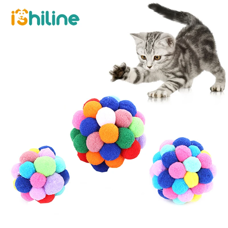 

2019 New Pet Cat Toy Colorful Handmade Bells Bouncy Ball Interactive Toy Cat Colored plush ball toys