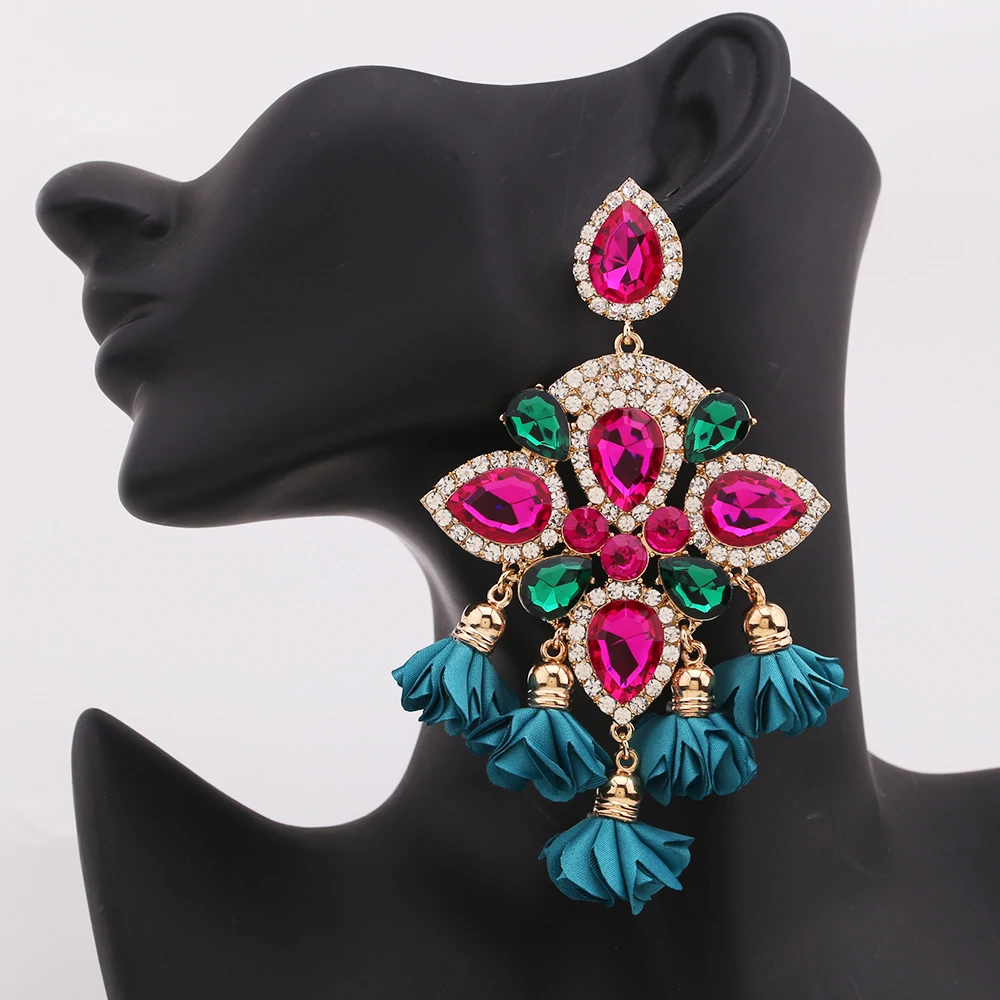 Boho Long Tassel Crystal Drop Earrings for Women